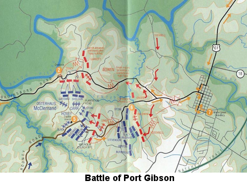 Color drawing of a map of the Port Gibson battlefield, showing the disposition and movement of Union troops in blue and Confederate troops in red